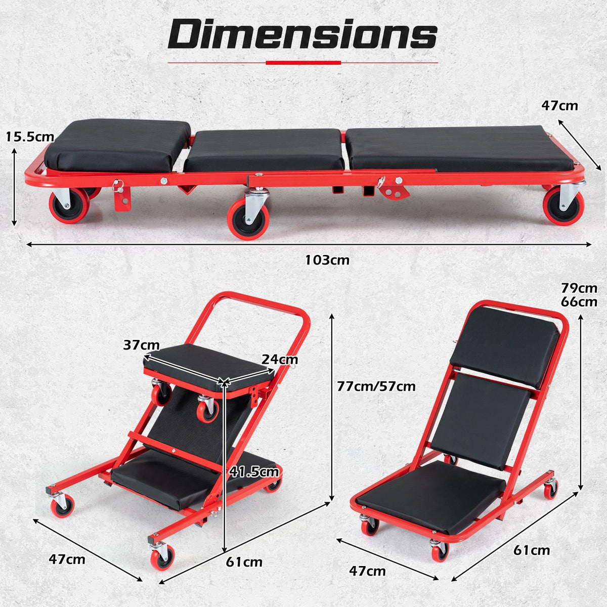 4-In-1 Padded Z Garage Seat with 6 Wheels Lay Down or Sit