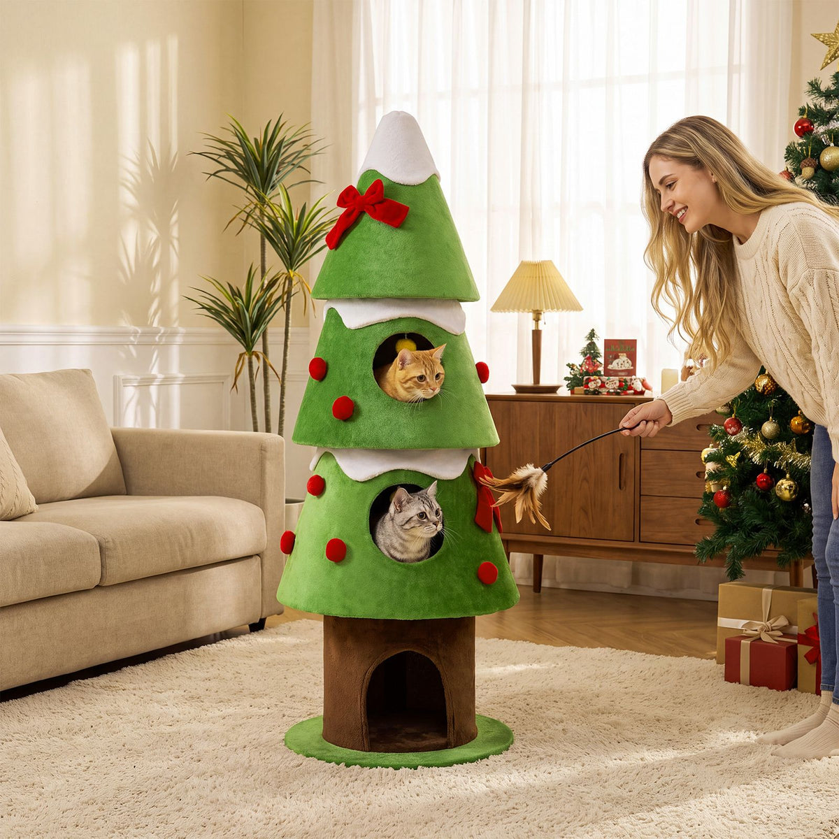 4-Level 158cm Christmas Tree-Design Cat Tree with 3 Condos and Removable Plush Cover