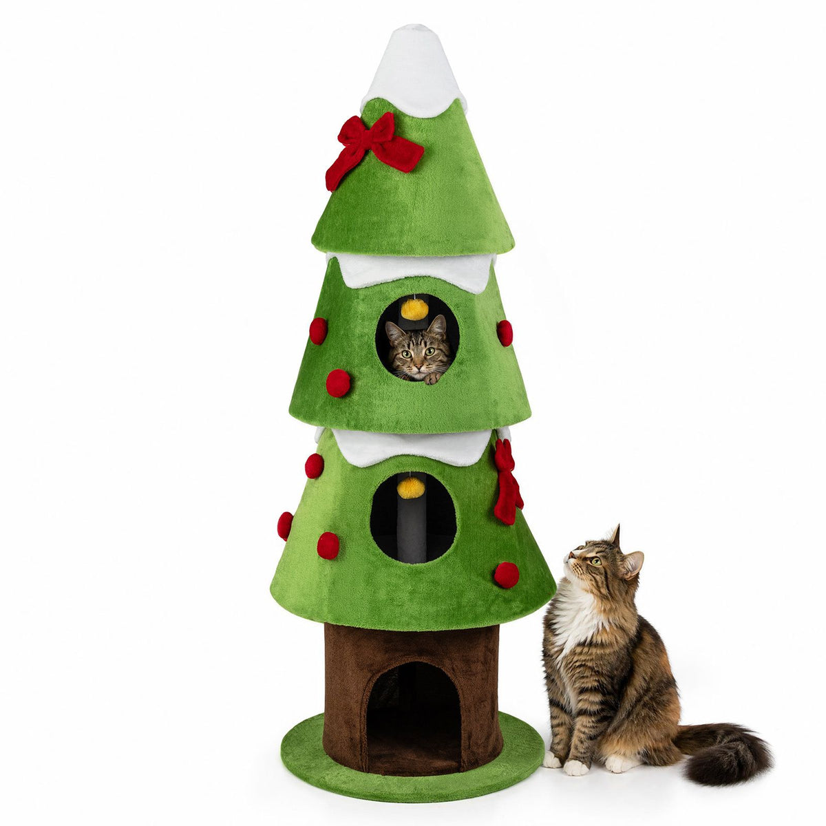 4-Level 158cm Christmas Tree-Design Cat Tree with 3 Condos and Removable Plush Cover