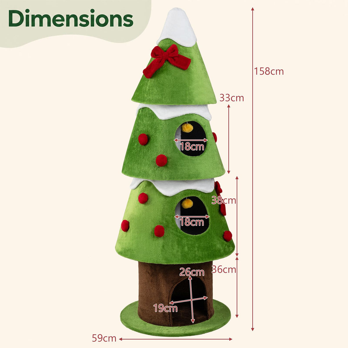 4-Level 158cm Christmas Tree-Design Cat Tree with 3 Condos and Removable Plush Cover