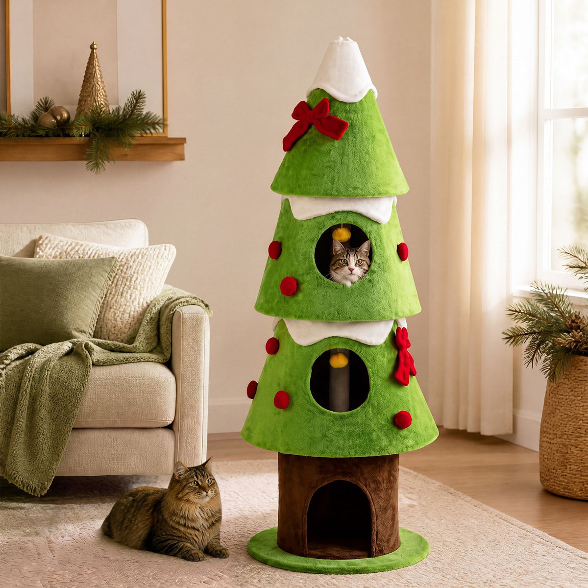4-Level 158cm Christmas Tree-Design Cat Tree with 3 Condos and Removable Plush Cover