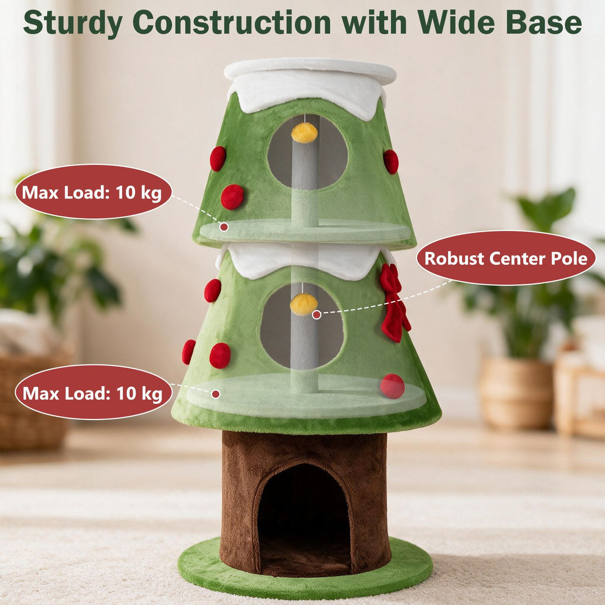 4-Level 158cm Christmas Tree-Design Cat Tree with 3 Condos and Removable Plush Cover