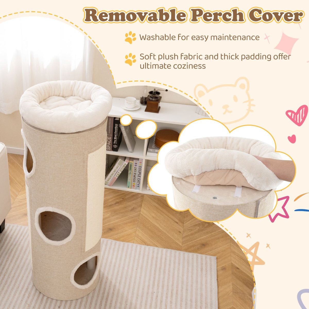 4-Storey Cat House for Multiple Cats with Removable Perch Bed