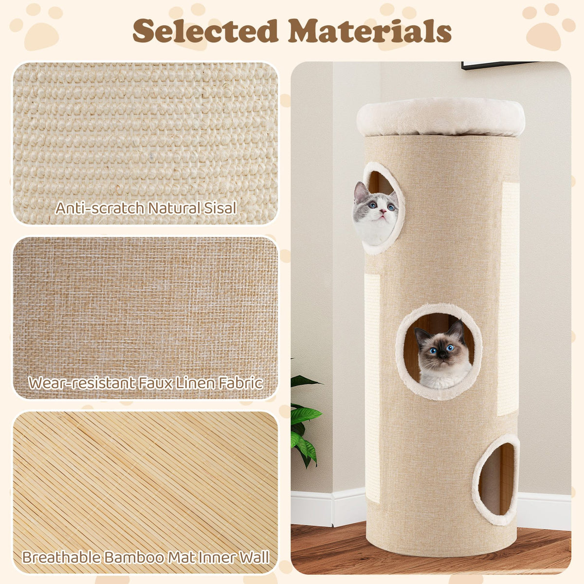 4-Storey Cat House for Multiple Cats with Removable Perch Bed