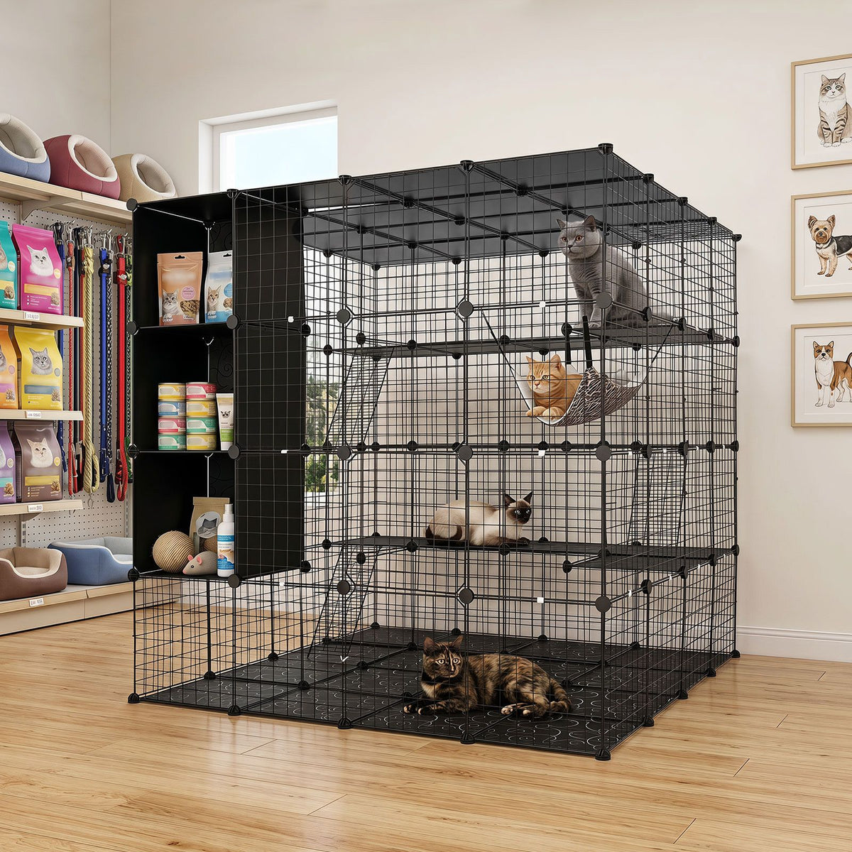 4-Tier Cat Cage DIY Cat Enclosure with Skylight Foldable Metal Wire Kennel with Hammock