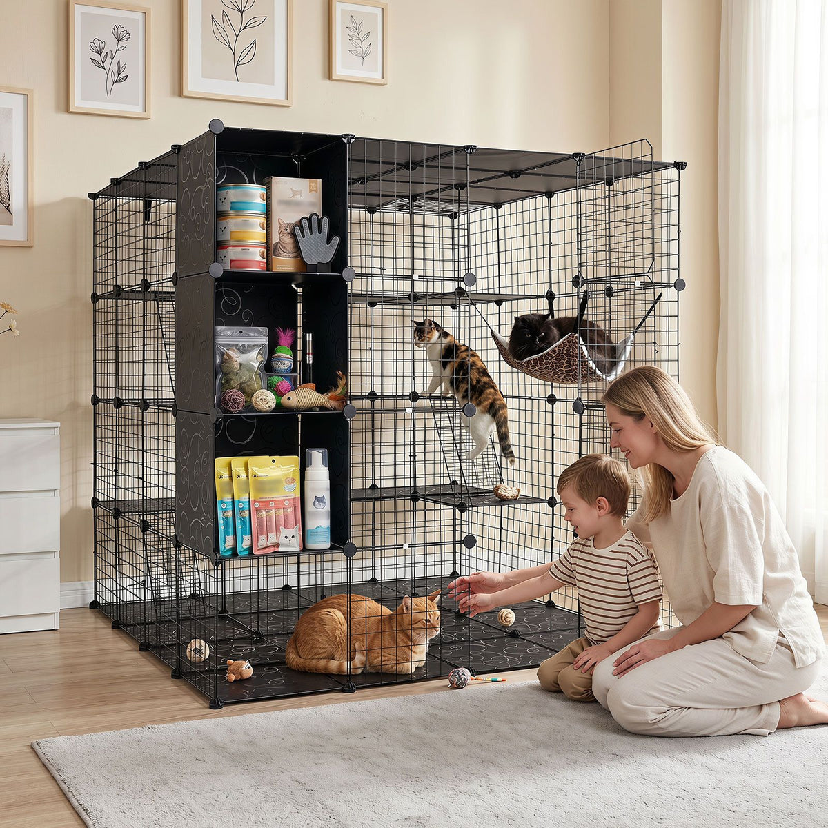 4-Tier Cat Cage DIY Cat Enclosure with Skylight Foldable Metal Wire Kennel with Hammock