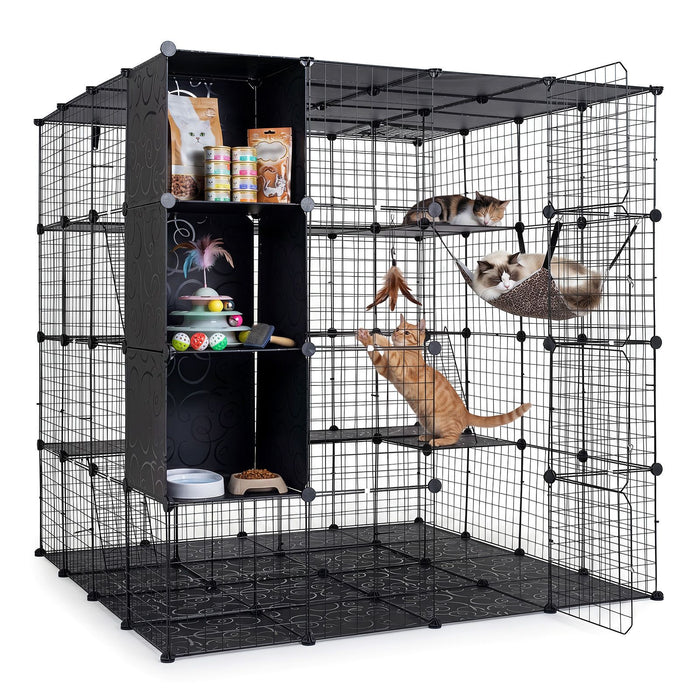 4-Tier Cat Cage DIY Cat Enclosure with Skylight Foldable Metal Wire Kennel with Hammock
