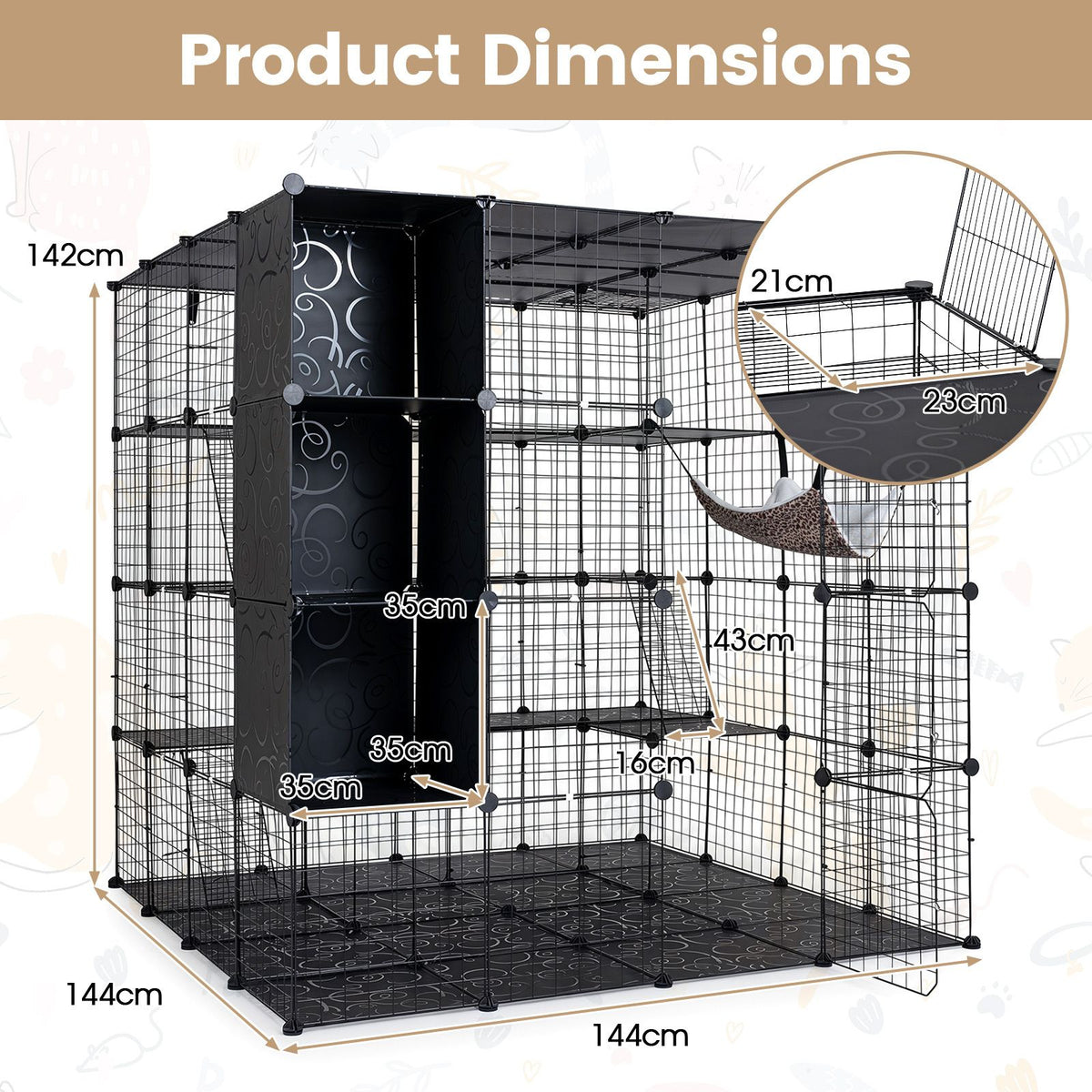 4-Tier Cat Cage DIY Cat Enclosure with Skylight Foldable Metal Wire Kennel with Hammock