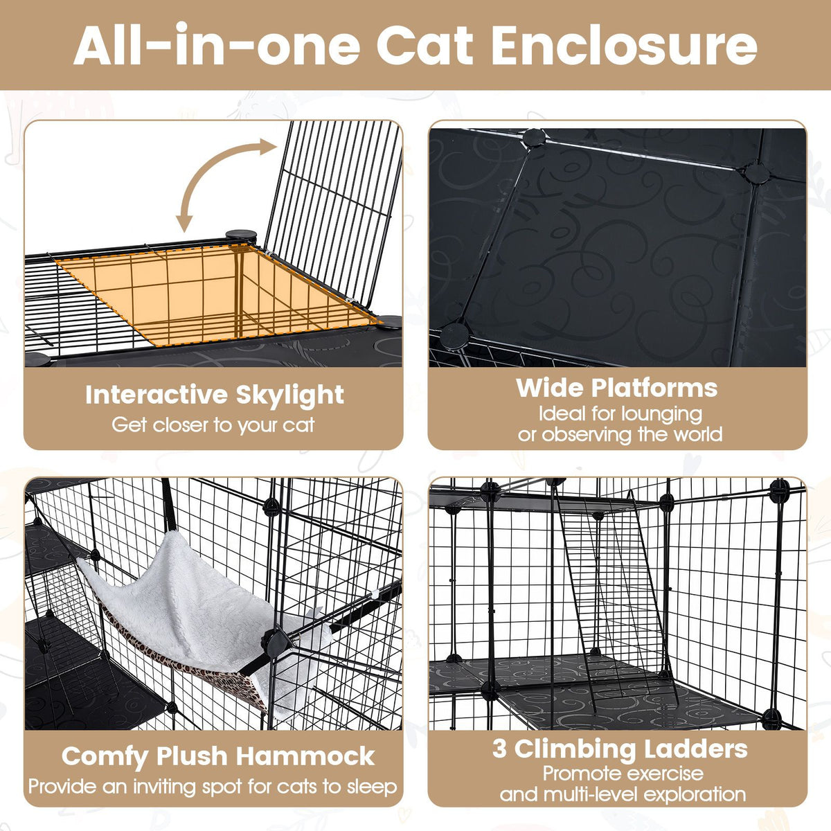 4-Tier Cat Cage DIY Cat Enclosure with Skylight Foldable Metal Wire Kennel with Hammock