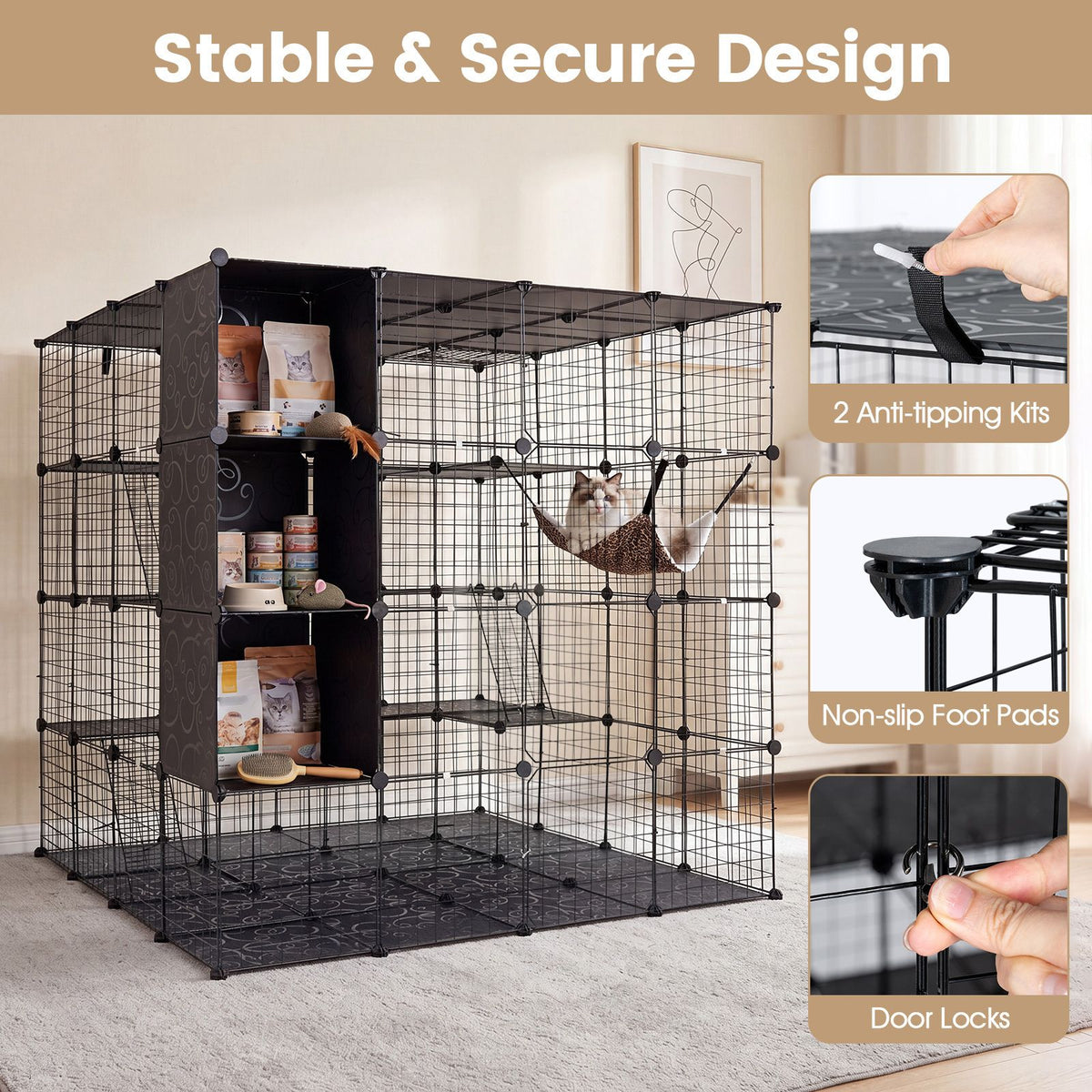 4-Tier Cat Cage DIY Cat Enclosure with Skylight Foldable Metal Wire Kennel with Hammock