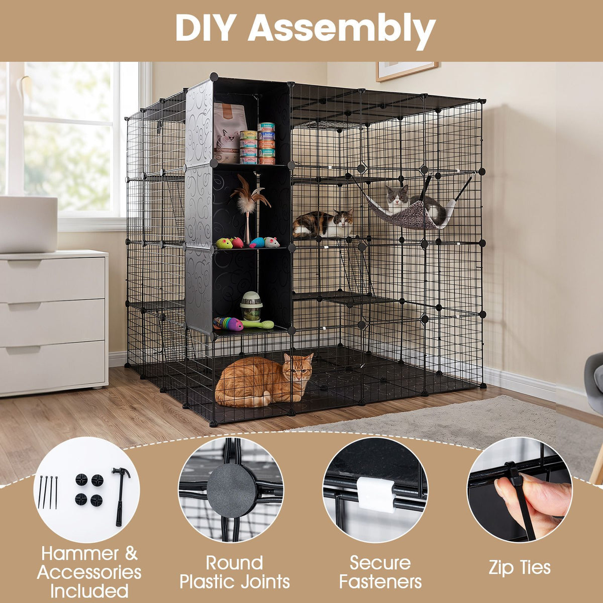 4-Tier Cat Cage DIY Cat Enclosure with Skylight Foldable Metal Wire Kennel with Hammock