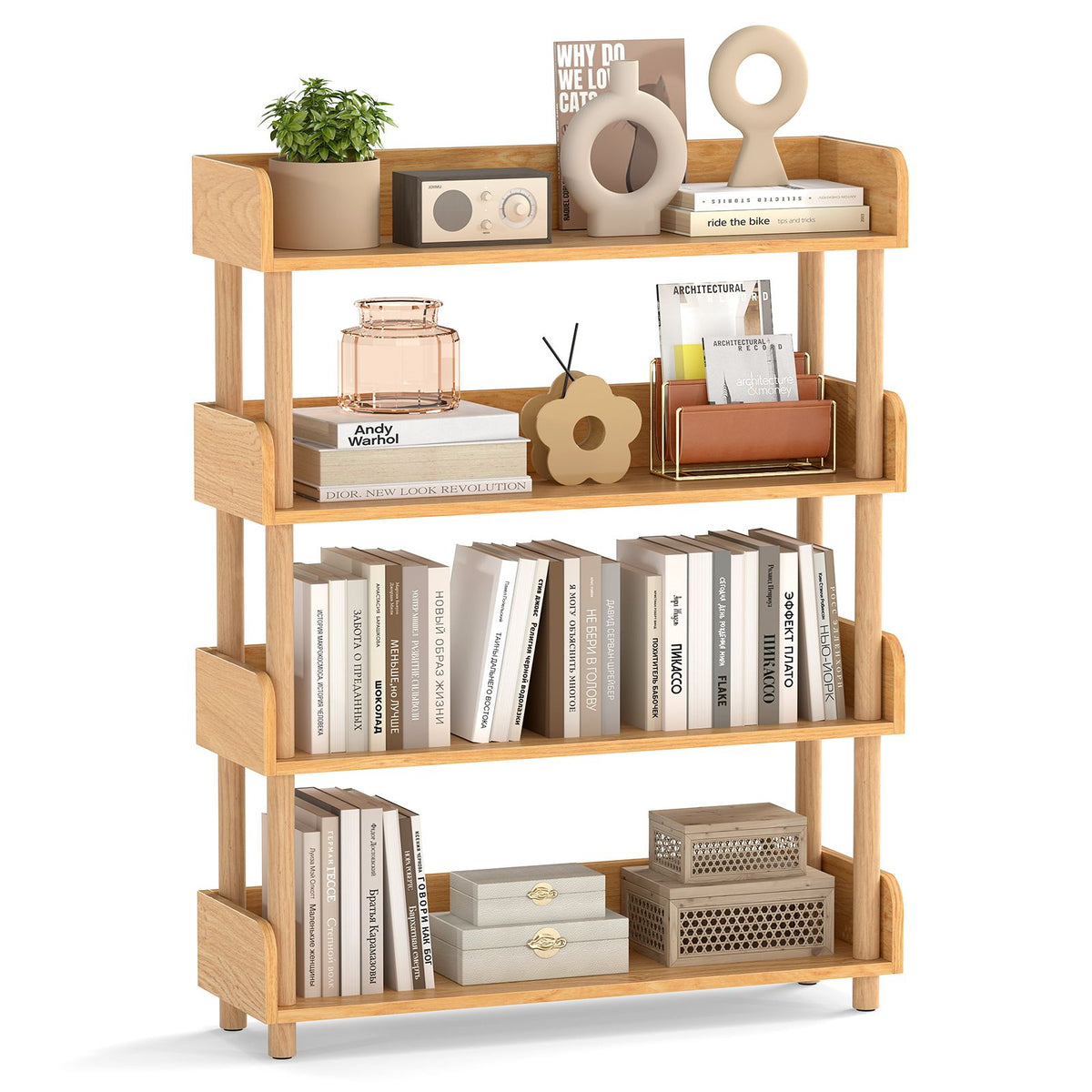 3-Tier Wooden Bookshelf with Sturdy Pine Wood Posts and Elevated Guardrails