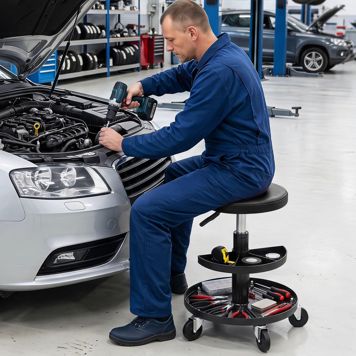 42-56 cm Adjustable Rolling Mechanic Stool with Wheels and 2-Tier Tool Trays