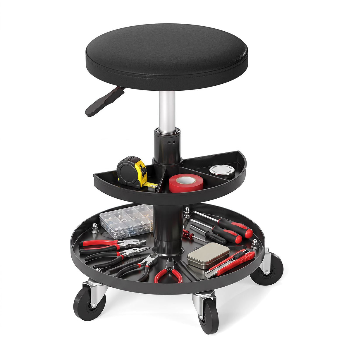 42-56 cm Adjustable Rolling Mechanic Stool with Wheels and 2-Tier Tool Trays