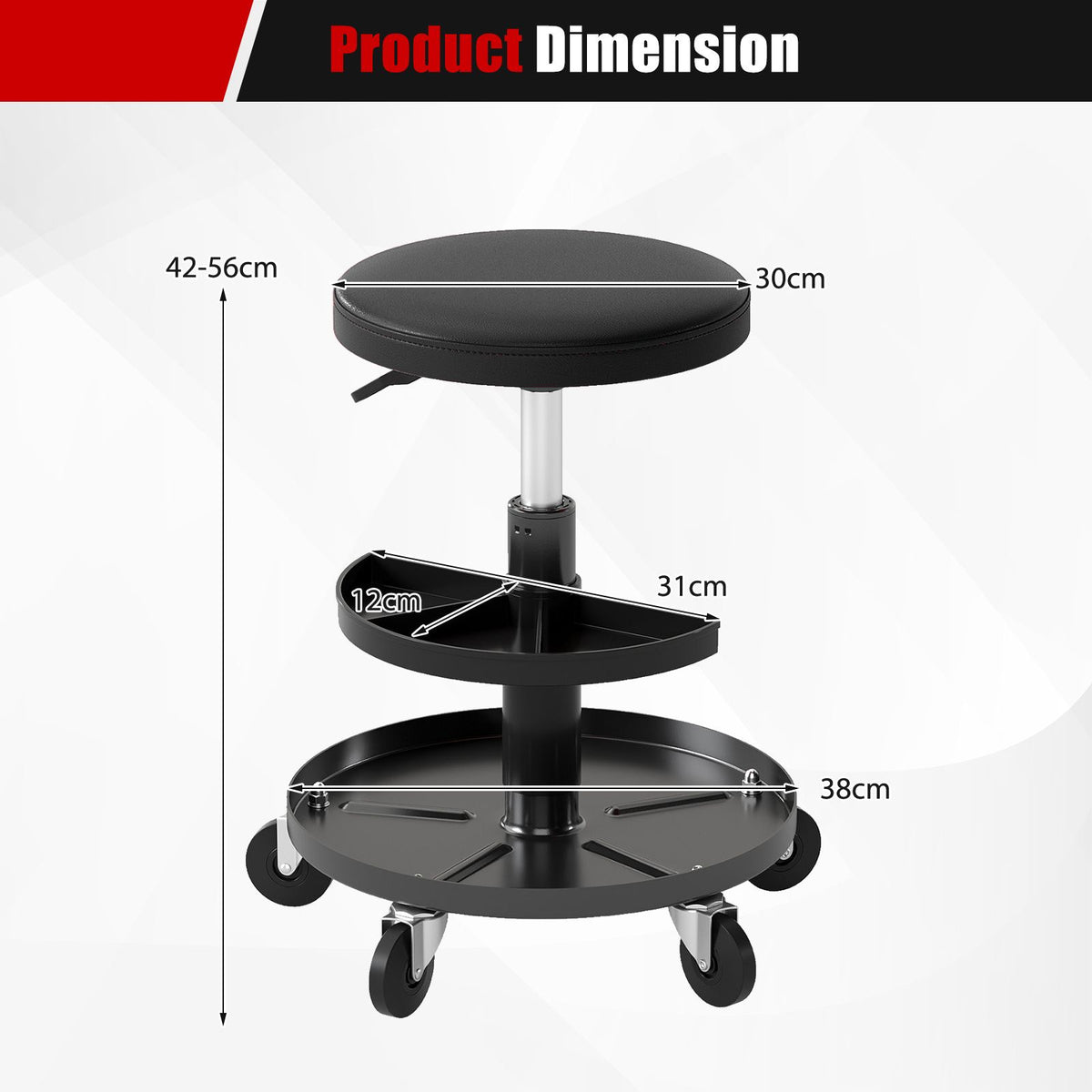 42-56 cm Adjustable Rolling Mechanic Stool with Wheels and 2-Tier Tool Trays