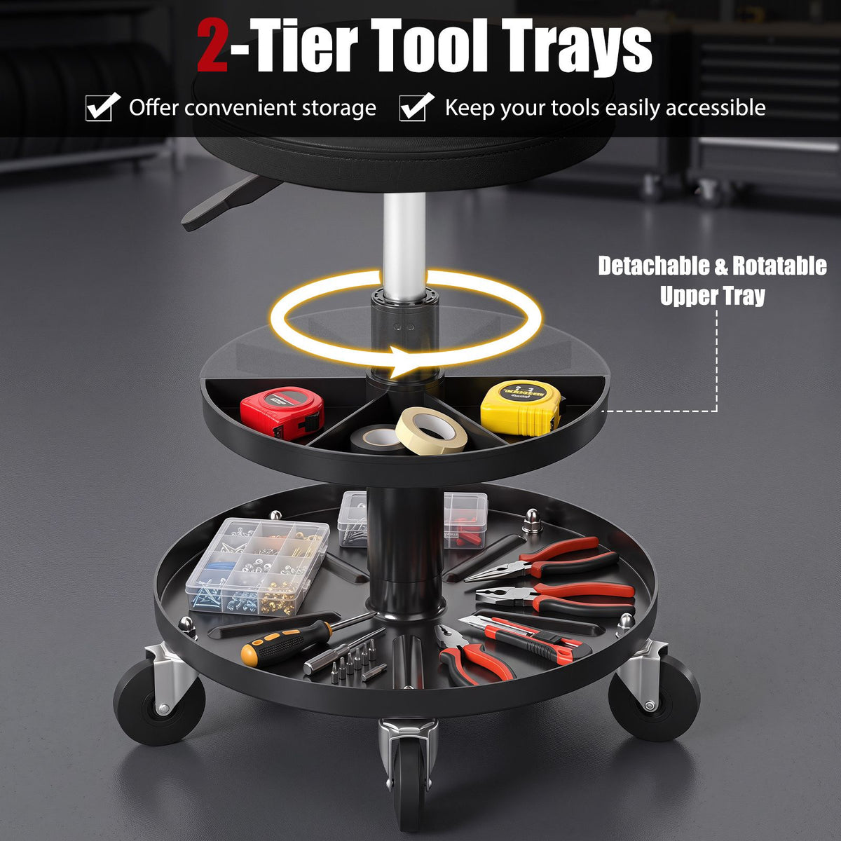 42-56 cm Adjustable Rolling Mechanic Stool with Wheels and 2-Tier Tool Trays