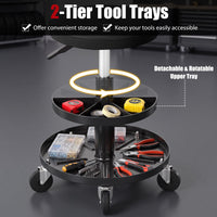 42-56 cm Adjustable Rolling Mechanic Stool with Wheels and 2-Tier Tool Trays