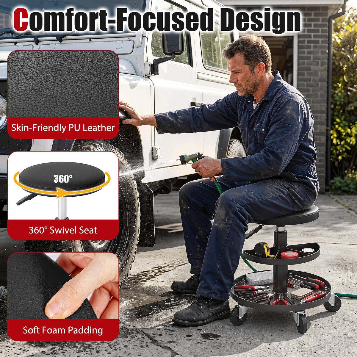 42-56 cm Adjustable Rolling Mechanic Stool with Wheels and 2-Tier Tool Trays