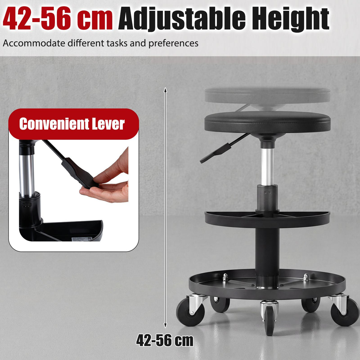 42-56 cm Adjustable Rolling Mechanic Stool with Wheels and 2-Tier Tool Trays
