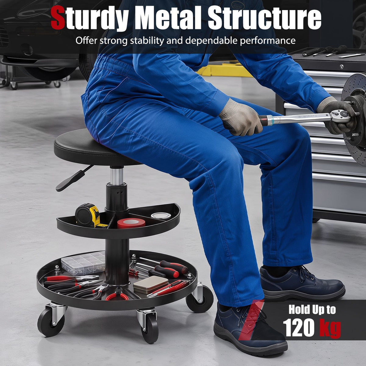 42-56 cm Adjustable Rolling Mechanic Stool with Wheels and 2-Tier Tool Trays