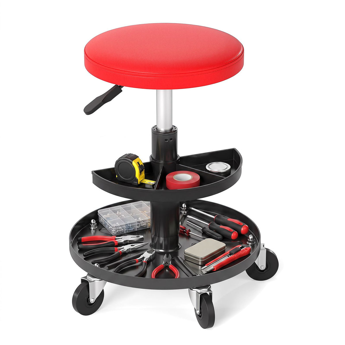 42-56 cm Adjustable Rolling Mechanic Stool with Wheels and 2-Tier Tool Trays