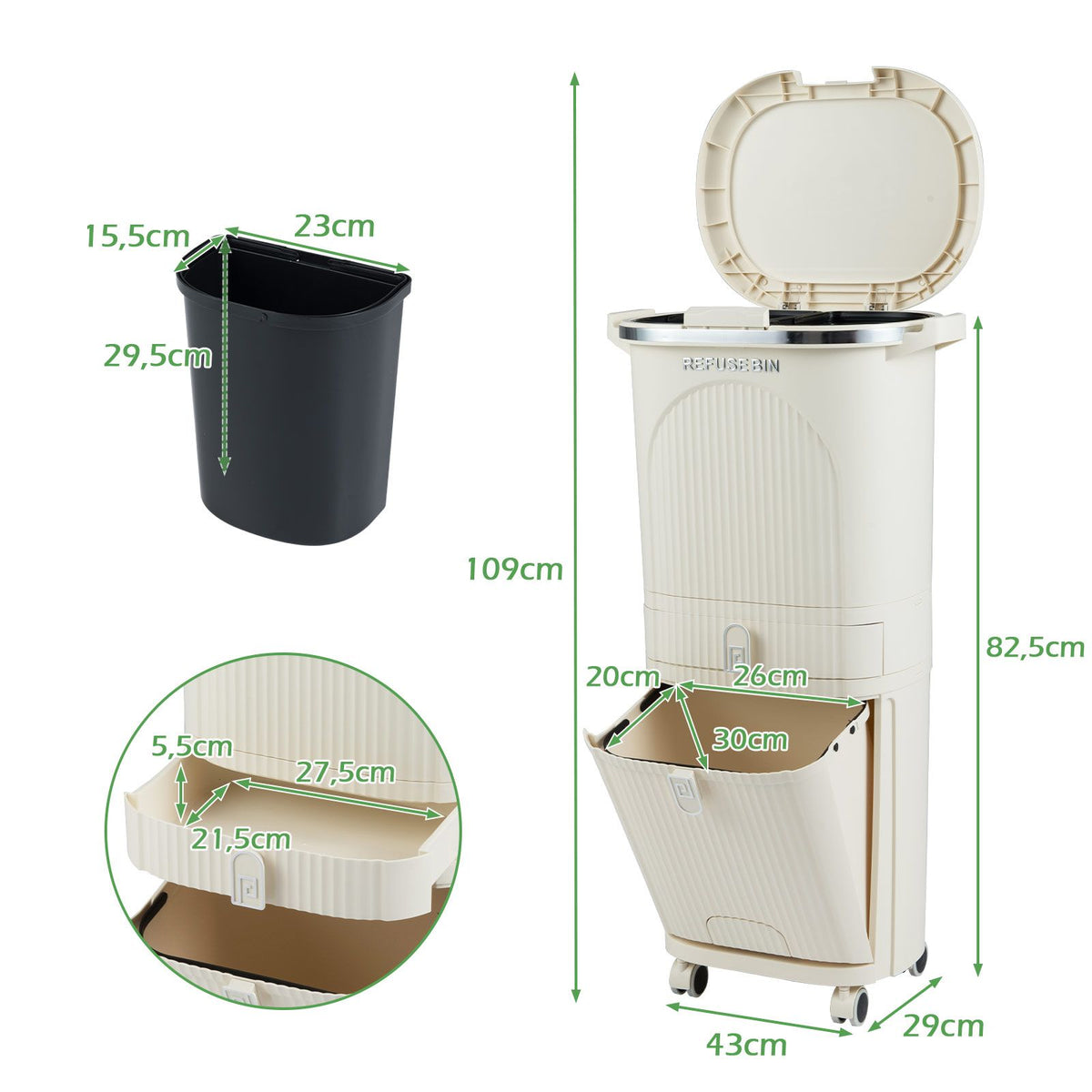 38L Double-Layer/42L 3-Layer Sorting Trash Bin with Step Pedal and Wheels
