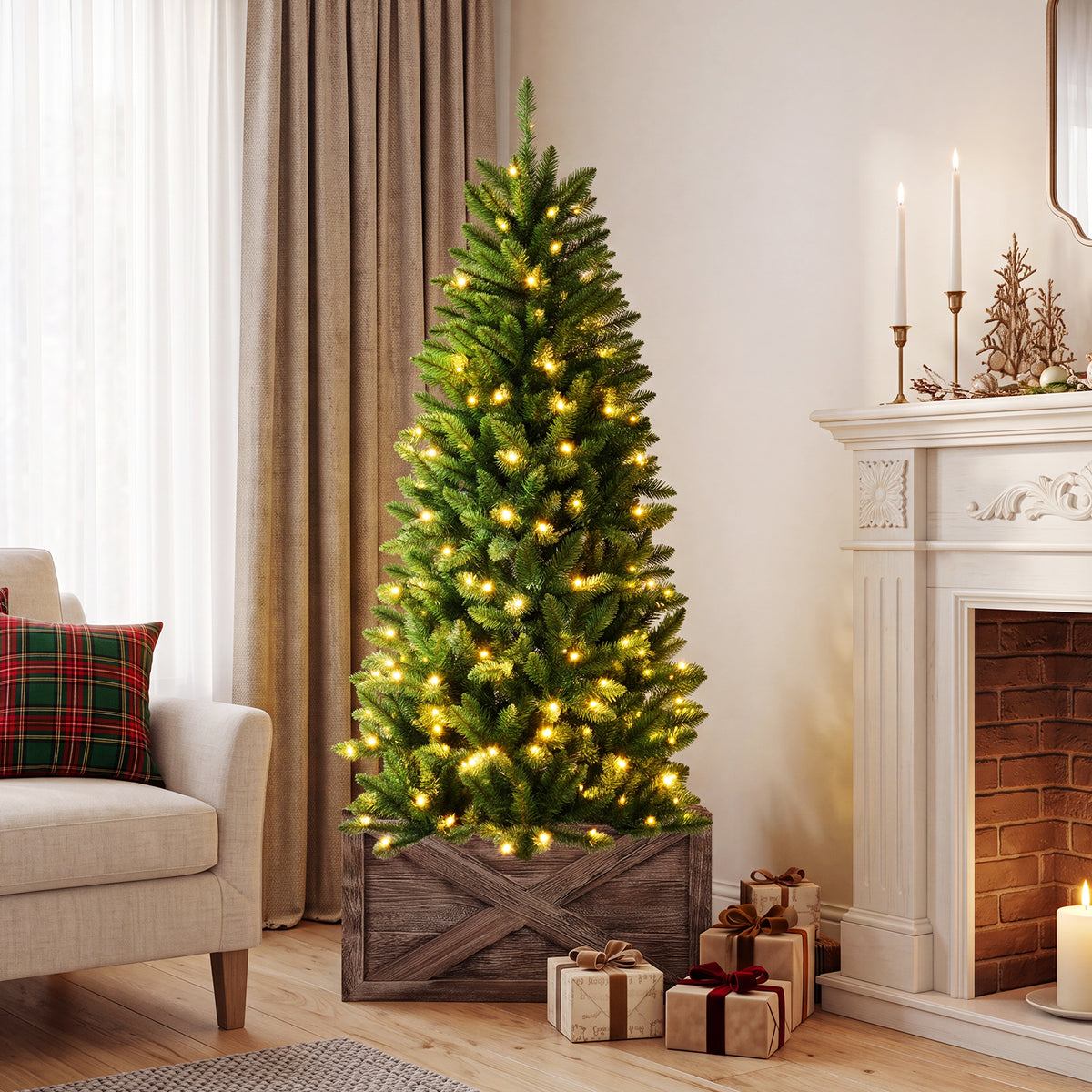 Pre Lit Christmas Tree Slim LED Xmas Tree Home Christmas Decoration Lights Green Outdoor