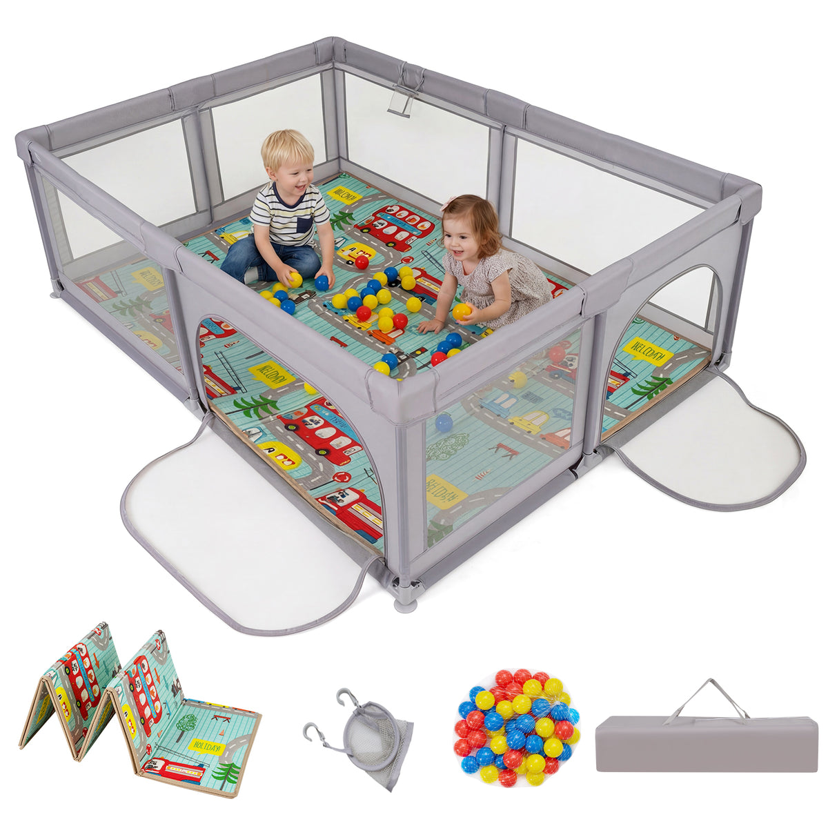 Baby Playpen, Extra-Large Play Yard with Play Mat, 50 Ocean Balls & Carrying Bag