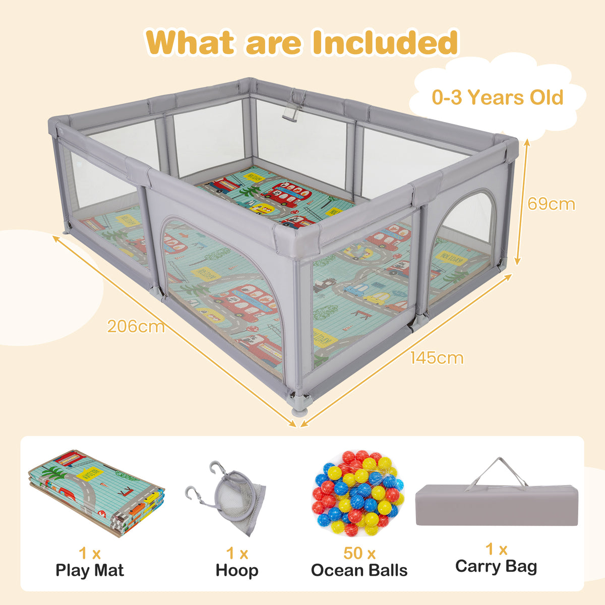 Baby Playpen, Extra-Large Play Yard with Play Mat, 50 Ocean Balls & Carrying Bag