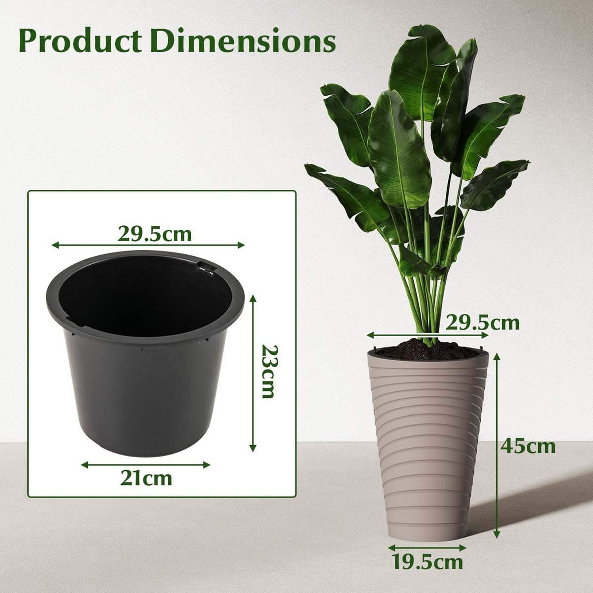 45 cm Tall Flower Pot Set of 2 with Insert Bucket and Handle Design