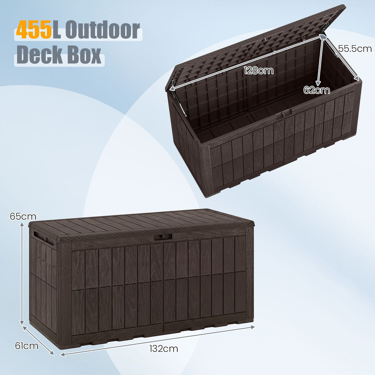 380/455L All Weather Patio Bench Storage Box Waterproof for Garden Tools