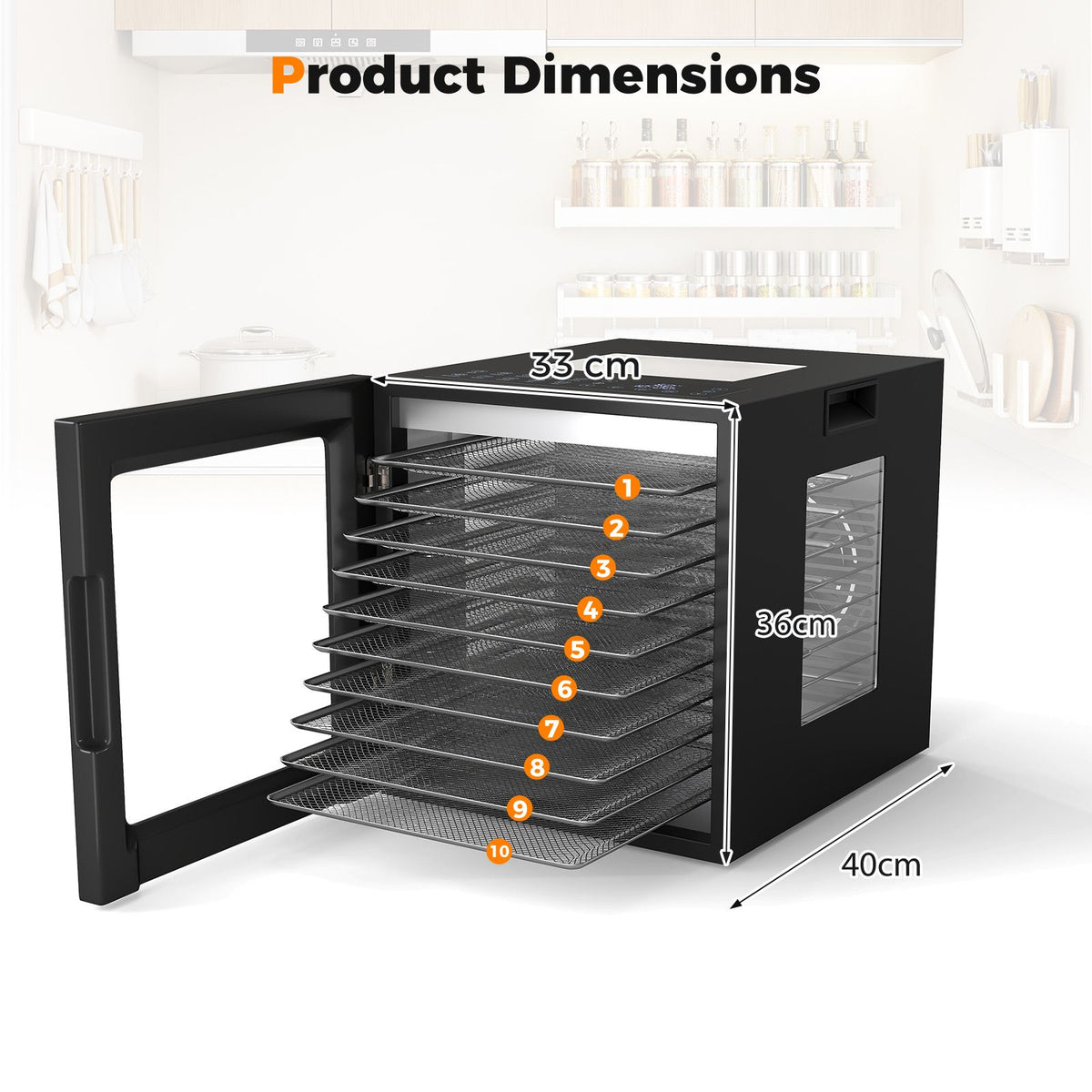 48H Timer Food Dehydrator 35-75℃ with 10 Stainless Trays & 10 Presets for Jerky Fruits