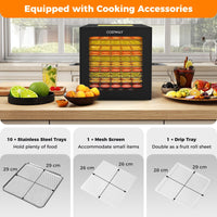 48H Timer Food Dehydrator 35-75℃ with 10 Stainless Trays & 10 Presets for Jerky Fruits