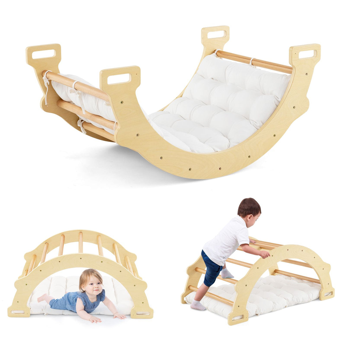 4-In-1 Wooden Kids Climber Arch Rocker with Cushion Montessori Toy
