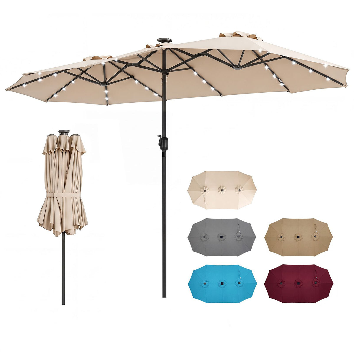 4M Double-Sided Patio Umbrella with Solar Lights and Crank Handle
