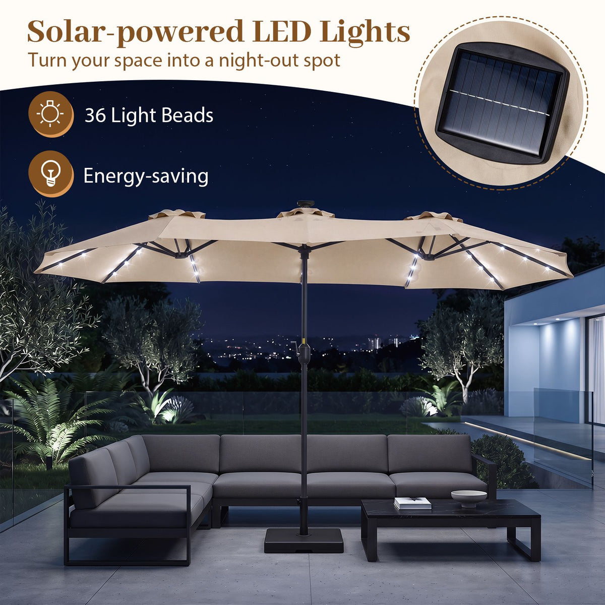 4M Double-Sided Patio Umbrella with Solar Lights and Crank Handle