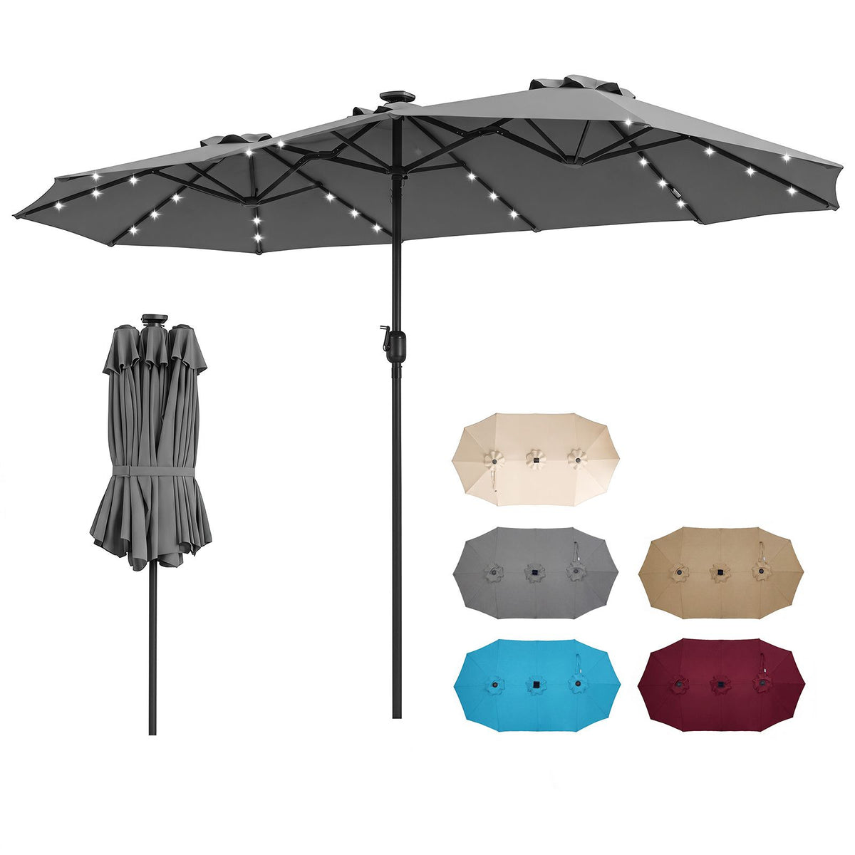 4M Double-Sided Patio Umbrella with Solar Lights and Crank Handle
