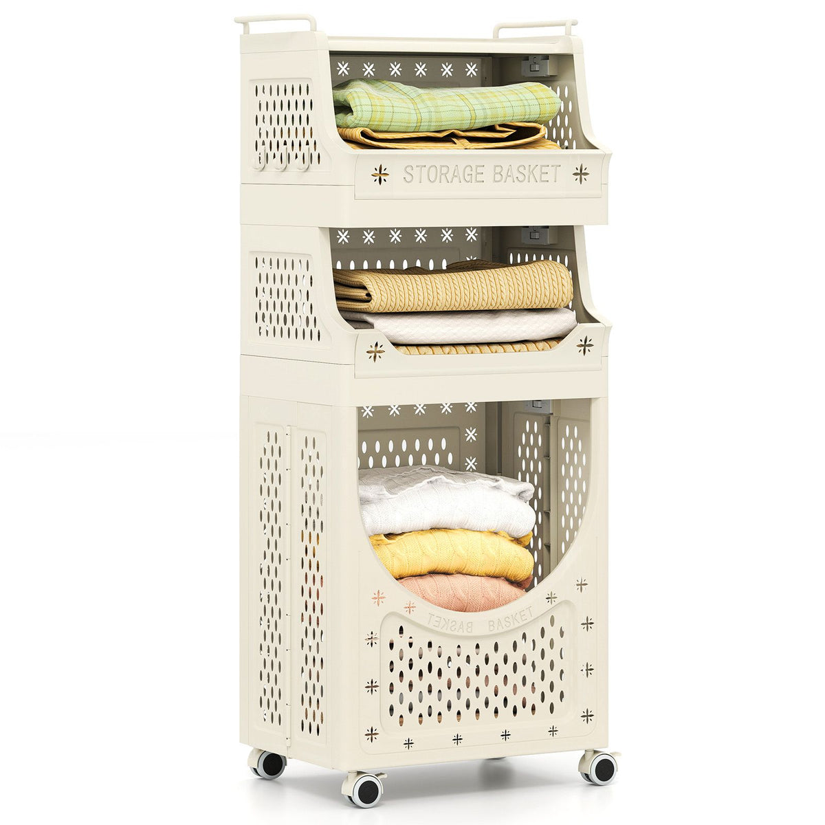 3-Tier Laundry Cart with Hanging Bar Folding Laundry Hamper with Lockable Wheels and Basket