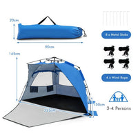 Foldable Portable Instant Pop-up Beach Tent for 3-4 Persons with Carry Bag
