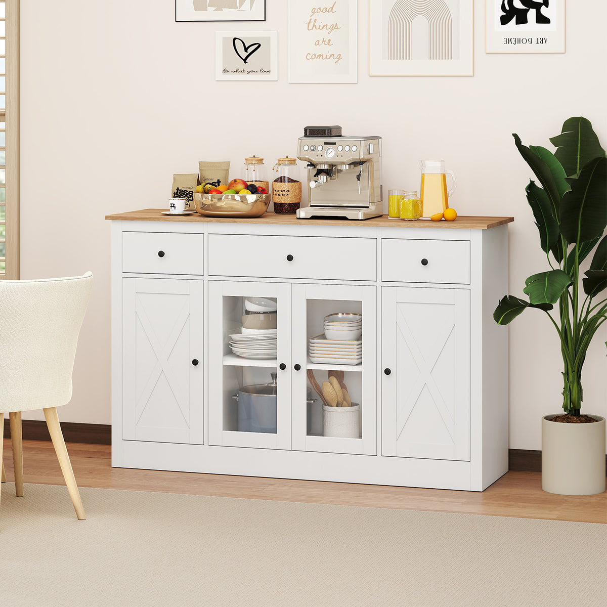 140 cm Large Buffet Sideboard, Kitchen Storage Cabinet with 3 Drawers