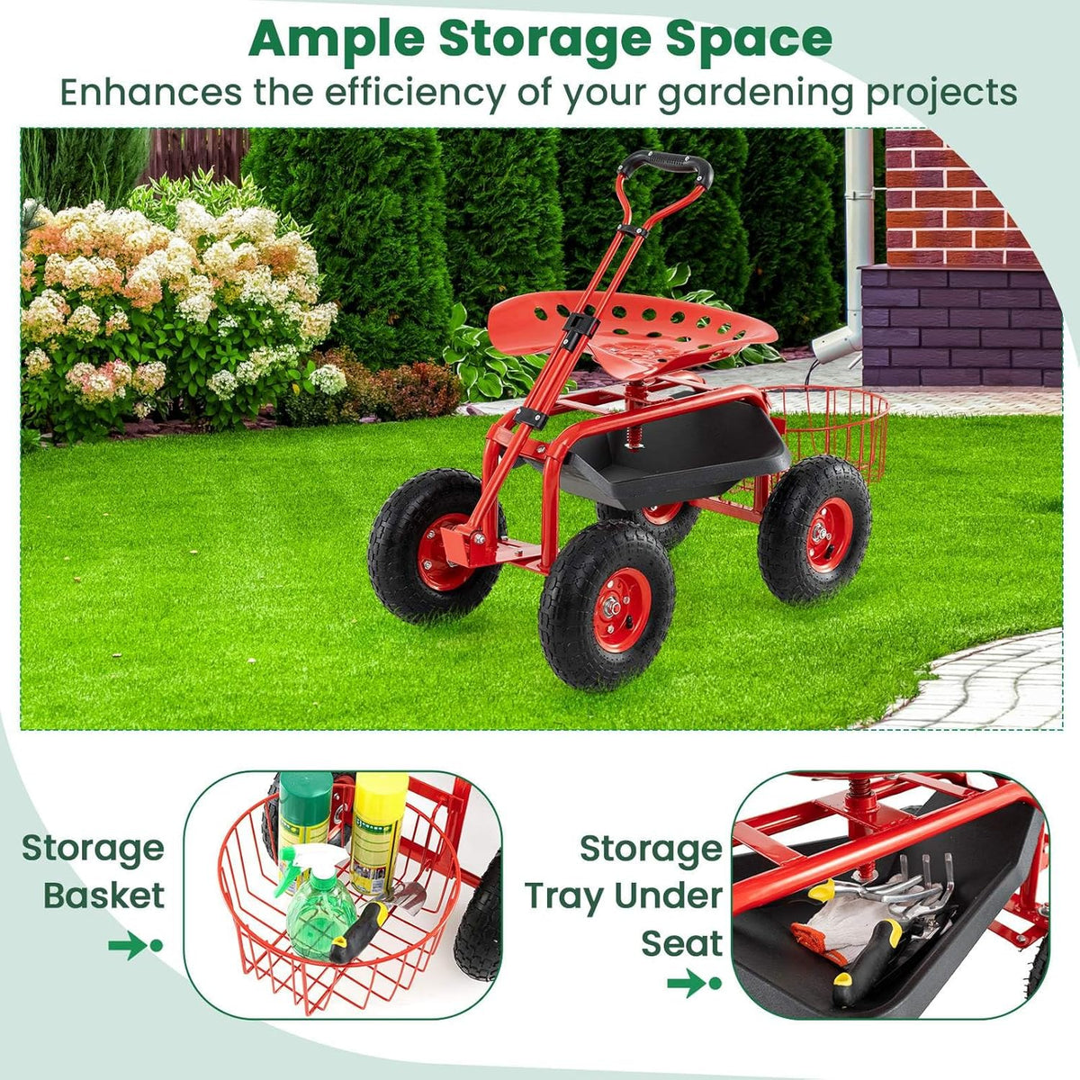 Steerable Garden Cart w/Extendable Handle