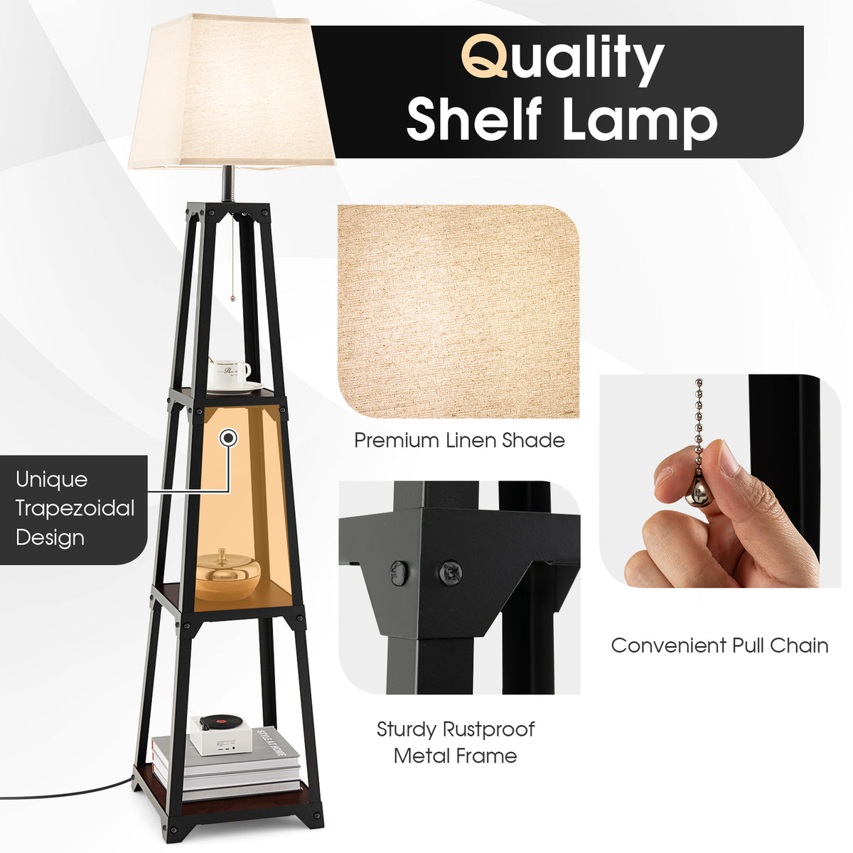 Trapezoidal Designed Floor Lamp, 3 Tiered Storage Lamps, Shelf Floor Lamp