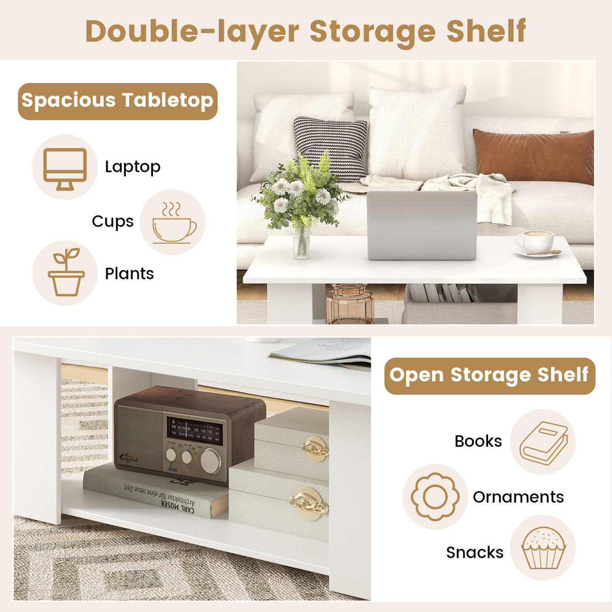 Giantex Modern Coffee Table w/Storage Shelf, Large 2-Tier Wooden Tea Table w/Open Shelf, White