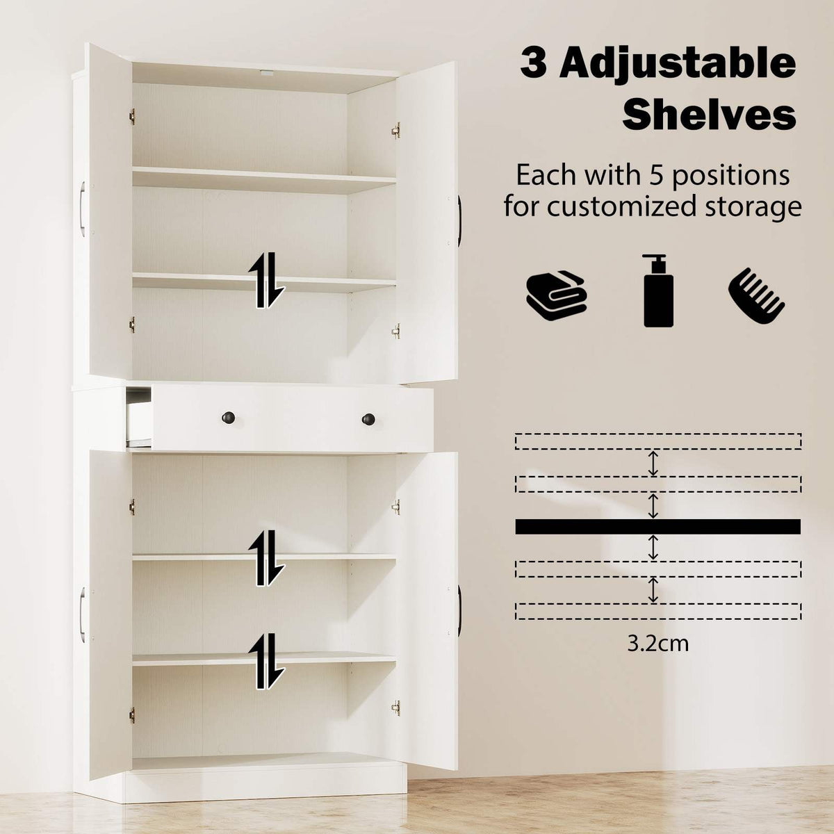 183cm Tall Kitchen Cabinet Farmhouse Cupboard Cabinet Versatile Storage