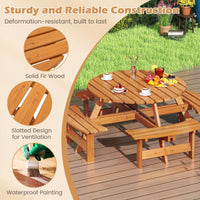 Round Picnic Table Set Patio Dining Camping Table w/ Built-in 4 Benches