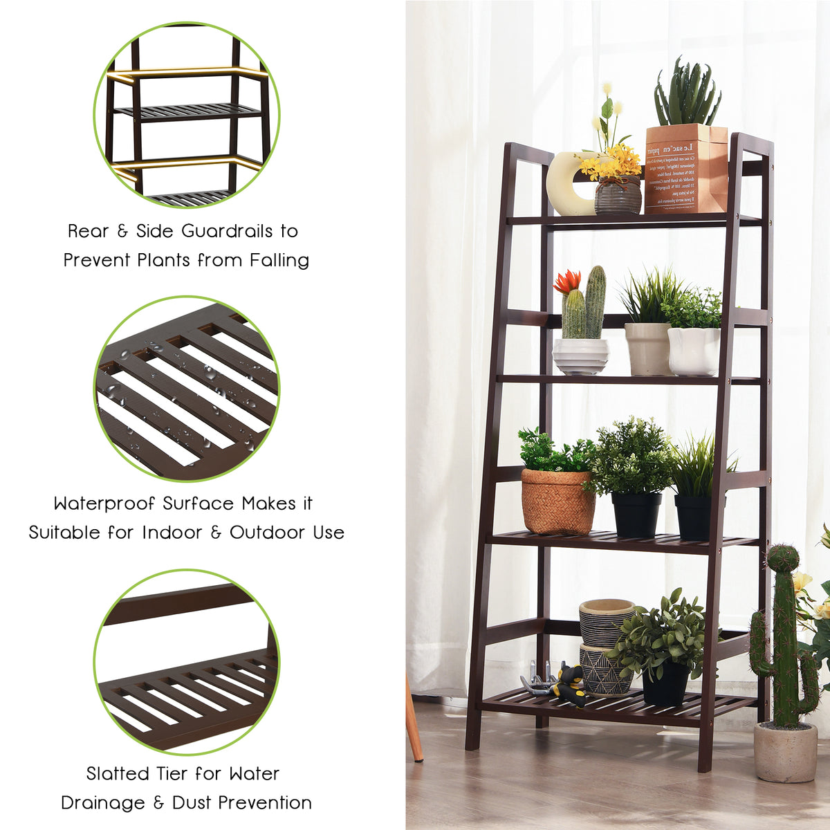 Freestanding 4-Tier Bamboo Plant Rack with Guardrails