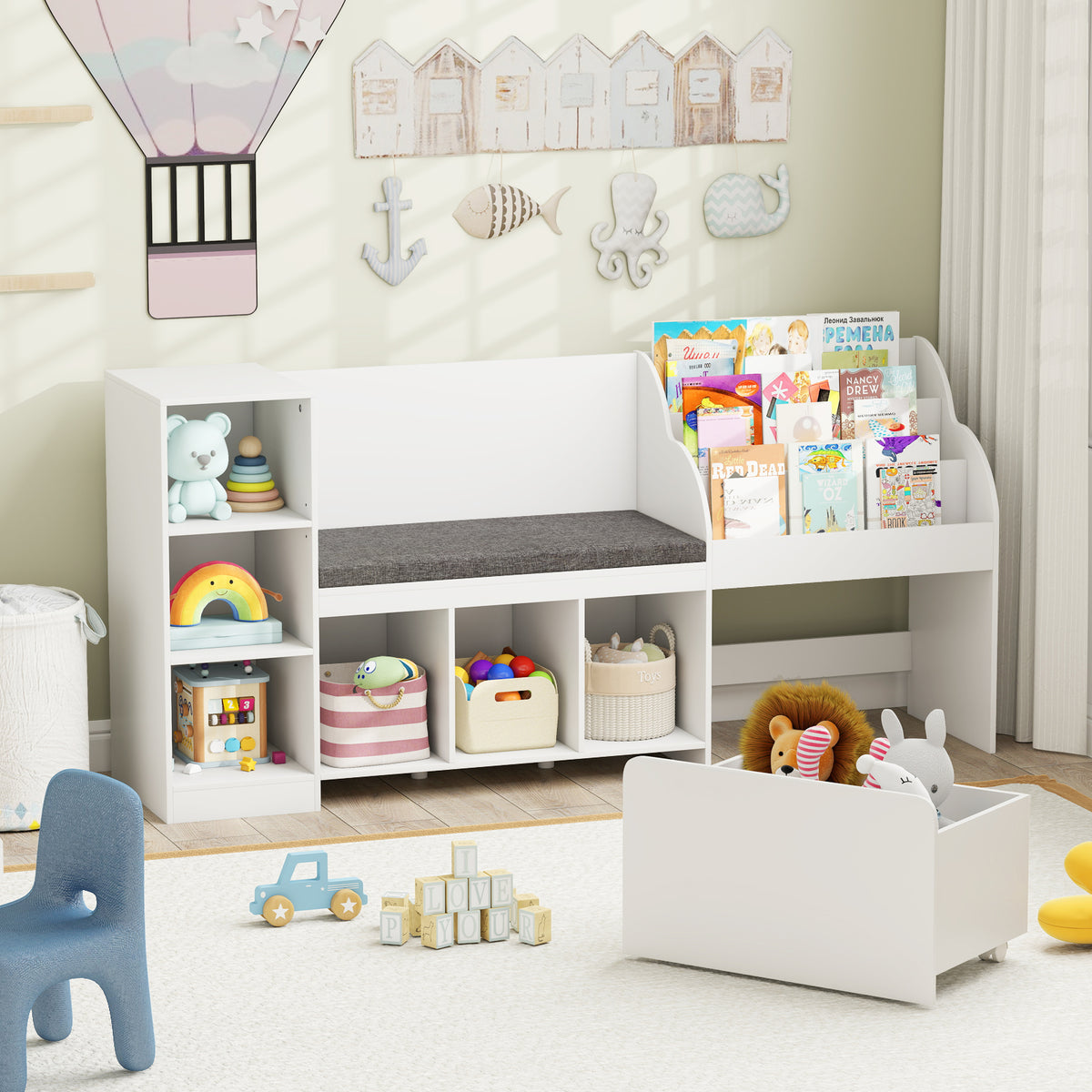 4-in-1 Standing Toy Organizer w/ Removable Seat Cushion