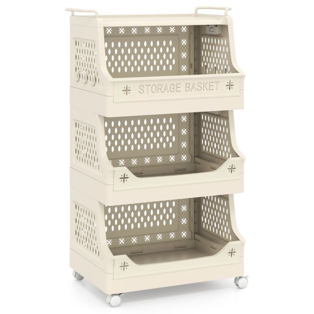 2/3/4/5 Tier Rolling Laundry Basket with Wheels Stackable Plastic Storage Cart