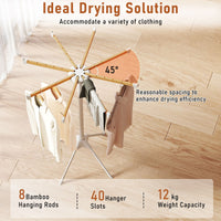 4 Legs Clothes Drying Rack with 8 Bamboo Hanging Rods and 40 Hanger Slots