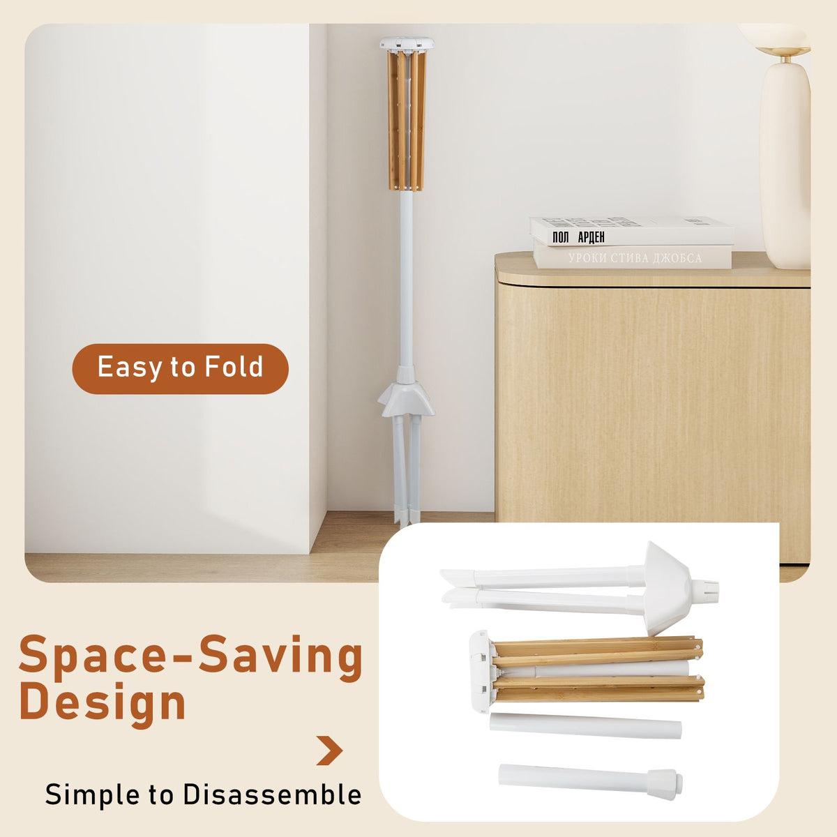 4 Legs Clothes Drying Rack with 8 Bamboo Hanging Rods and 40 Hanger Slots